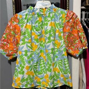 THML Cheerul Floral Boutique Blouse Green Yellow Orange Puff Sleeve Embroidered